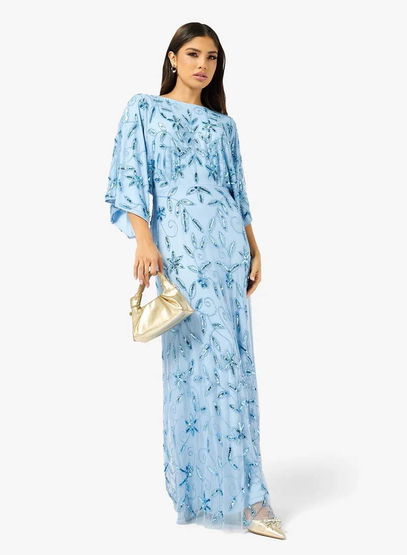 Embroidered Cape Sleeve Maxi Dress